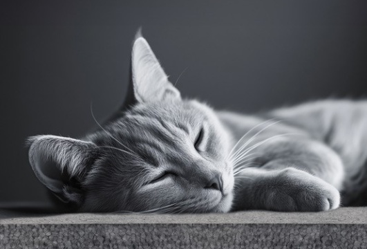 A gray cat lies relaxed on a board made of gray sunpor EPS.